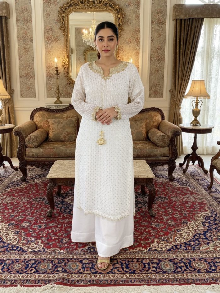 Embroidered Crinkle Chiffon Full Heavy Shirt With PLazo