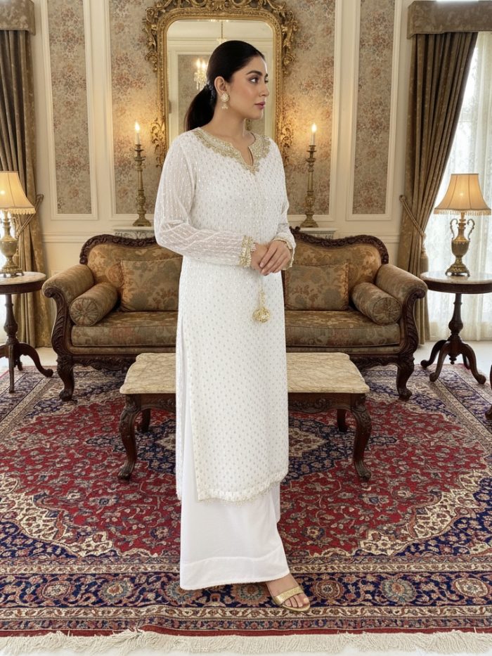 Embroidered Crinkle Chiffon Full Heavy Shirt With PLazo - Image 2
