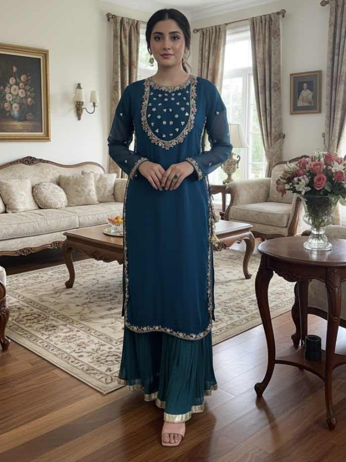 Embroidered Crinkle Chiffon  with Crush Sharara
